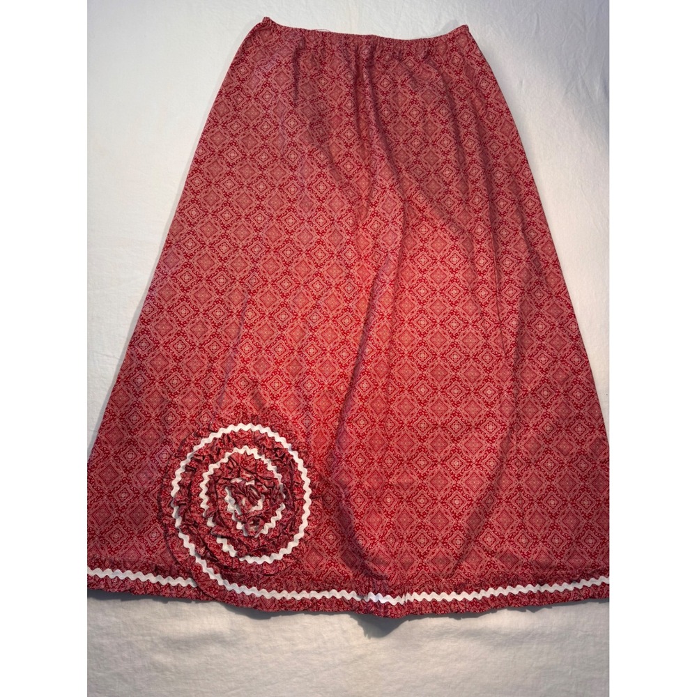 Handmade Red Bandana Print Maxi Skirt Ric Rac Rosette Western Prairie Boho